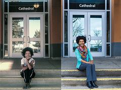 McGuire sits on the steps of Cathedral Hall where she served as an RA then (2013) and now.