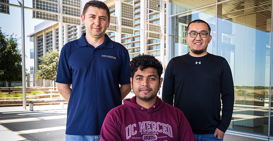 Computer science and engineering Professor Florin Rusu (left) and his third-year graduate students Asoke Datta and Yesdaulet Izenov.