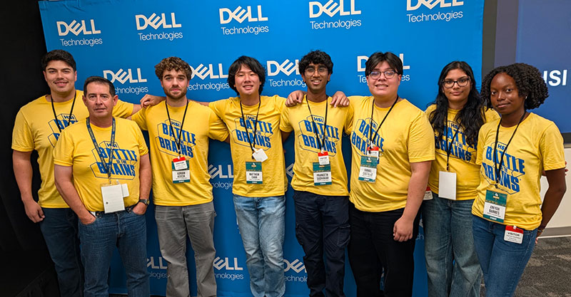 UC Merced students in yellow Battle of the Brains t-shirts, plus their advisor.