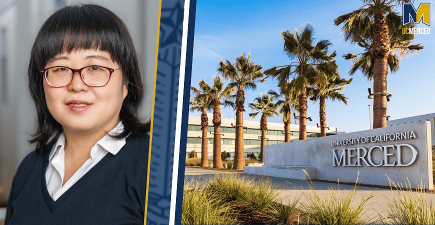 Depicted is a mugshot of Professor Qian Wang in a white shirt with a blue sweater next to the UC Merced entrance sign with palm trees.