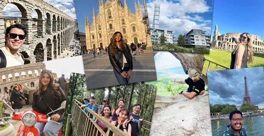 Depicted is a collage of UC Merced students taking part in study abroad programs in various locations around the world.