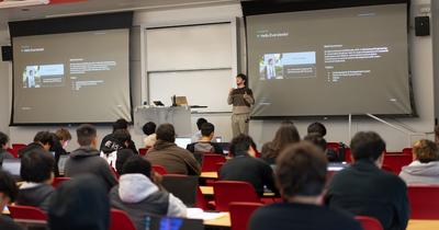Kevin Arrieta is pictured speaking to an electrical engineering class at UC Merced.