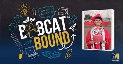 Depicted is student Anthony Savala Alvarez, in a red cap and gown at his high school graduation, with a blue and gold graphic reading