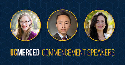 Collage of three headshots of Commencement keynote speakers