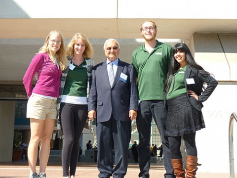 From left to right, Christine Hoffman, Melissa Ricketts, Professor Roland Winston, Bennett Widyolar and Benaz Colabewala at the 2015 UC Solar Research Symposium. From left to right, Christine Hoffman, Melissa Ricketts, Professor Roland Winston, Bennett Widyolar and Benaz Colabewala at the 2015 UC Solar Research Symposium.
