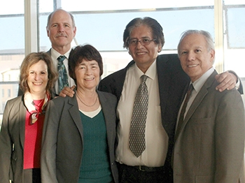 Graduate Dean Marjorie Zatz (from left), Provost Thomas Peterson, Chancellor Dorothy Leland, Carlos Castillo-Chavez, Natural Sciences Dean Juan Meza