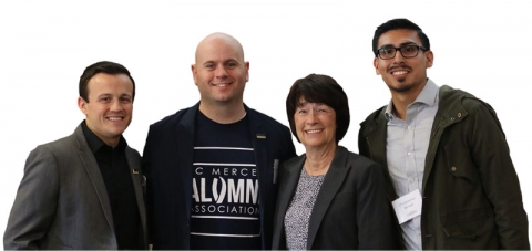 Alumni Brandon Ruscoe and Ketih Ellis, Chancellor Dorothy Leland and student Christopher Bernal