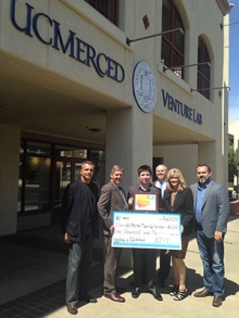 From left to right, CITRIS Assistant Director Stefano Foresti; CITRIS Director Joshua Viers; student and Mobile App Challenge winner Augustin Roldan; Associate Vice Chancellor for Research and Economic Development Peter Schuerman; AT&T Director of External Affairs Julie Tone; and Assemblyman Adam Gray.